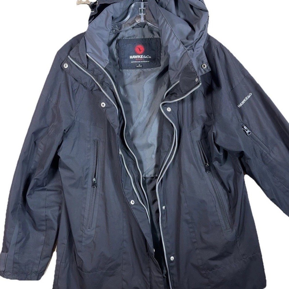 Mens Raincoat Jacket Black Medium Hawke & Co Sport Performance Hooded  Zip Snap